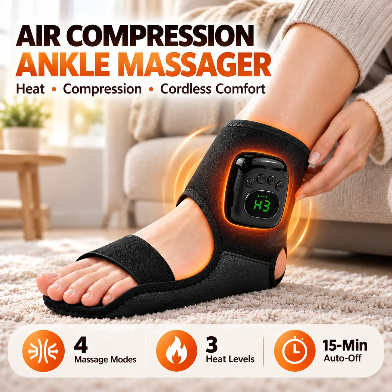 Ankle Brace Support - อุปกรณ์นวดข้อเท้าแบบไร้สาย ใช้พลังงานไฟฟ้า มีระบบประคบร้อนและระบบสั่นเพื่อช่วยบรรเทาอาการปวดข้อเท้า สามารถชาร์จไฟได้ เหมาะสำหรับนวดบริเวณข้อเท้า