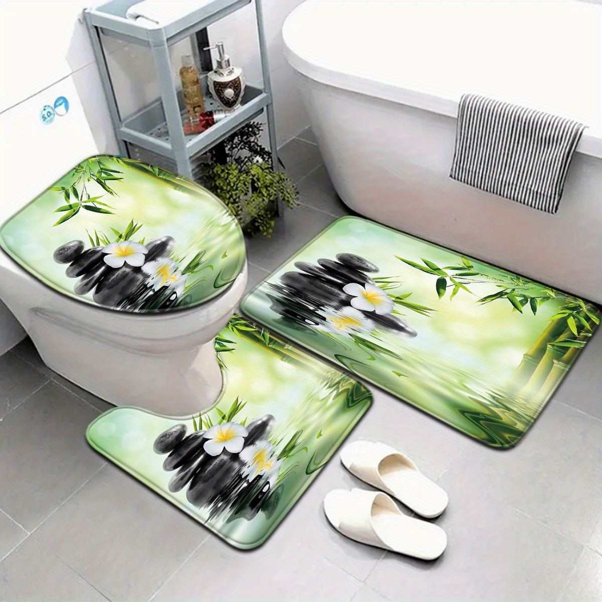Bamboo Bath Mat - ชุดที่นั่งชักโครกและพรมน้ําไม้ไผ่จีน 3 ชิ้น - ผ้าสักหลาด โพลีเอสเตอร์
