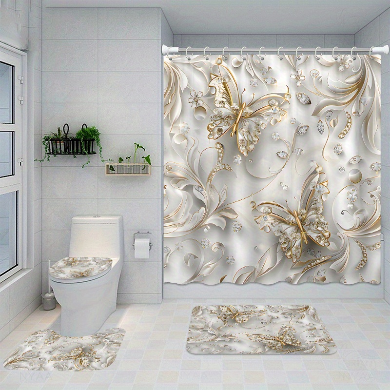 Bamboo Bath Mat - 4 ชิ้น Elegant ผีเสื้อชุดผ้าม่านอาบน้ํา 12 ตะขอ,