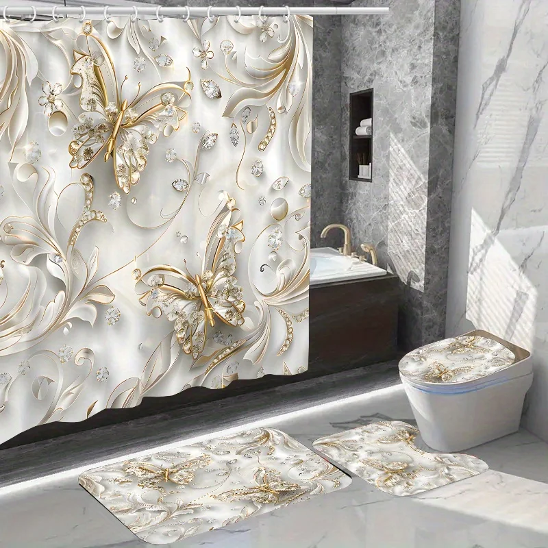 4 ชิ้น Elegant ผีเสื้อชุดผ้าม่ - Bamboo Bath Mat บทวิจารณ์และราคา